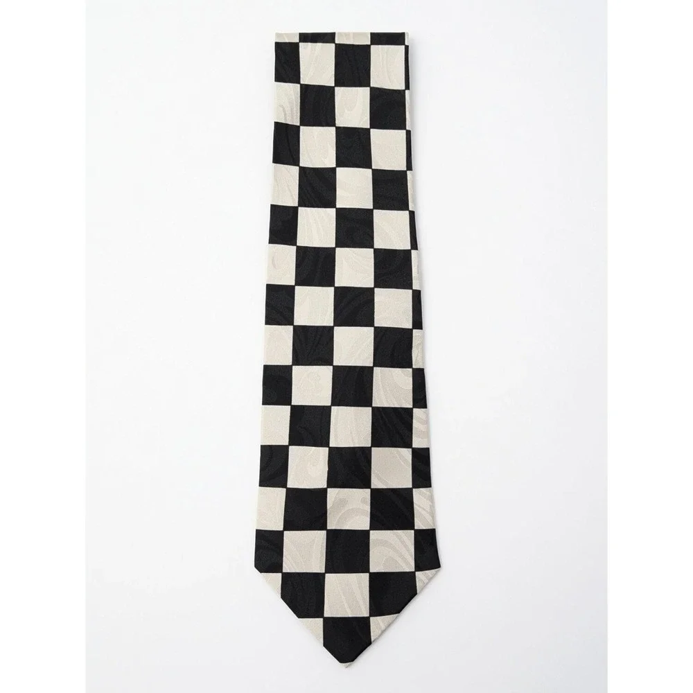 Vintage 1990s Seta Como Black and White Checkered Silk Necktie